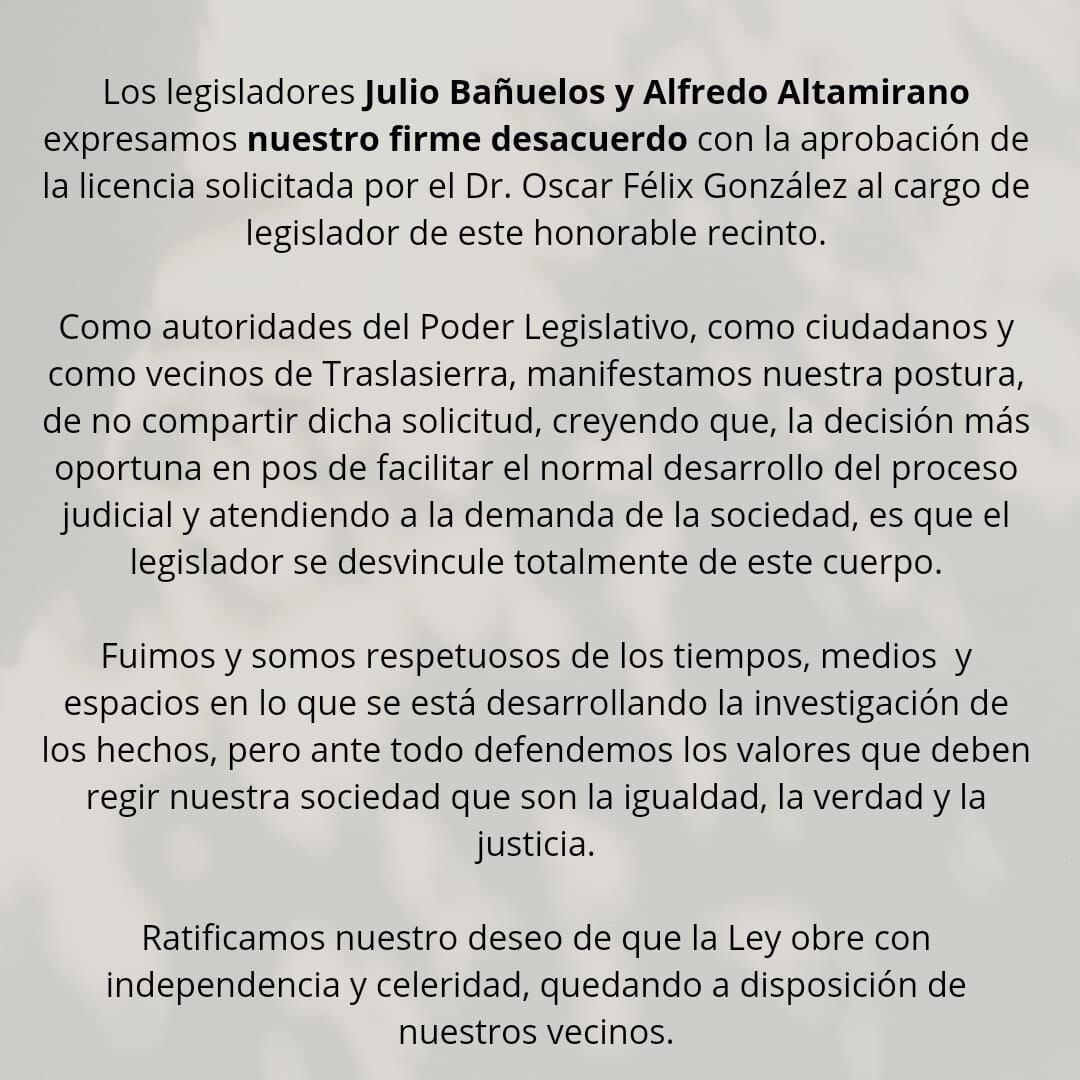 Ambos legisladores se opusieron al otorgamiento de licencia extendida y pidieron la desvinculación de González.