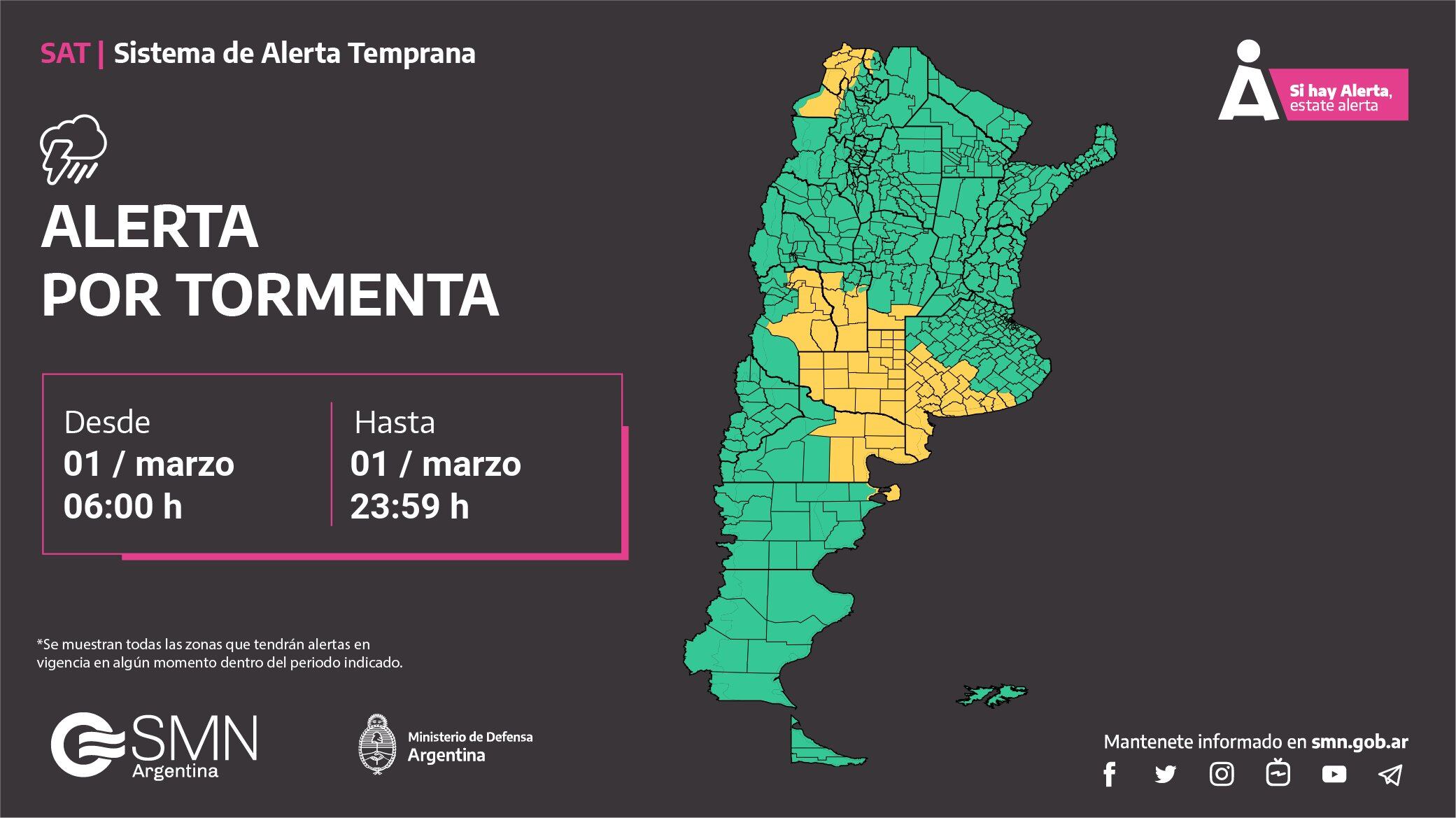 Alerta amarilla por tormentas en la provincia de Córdoba.