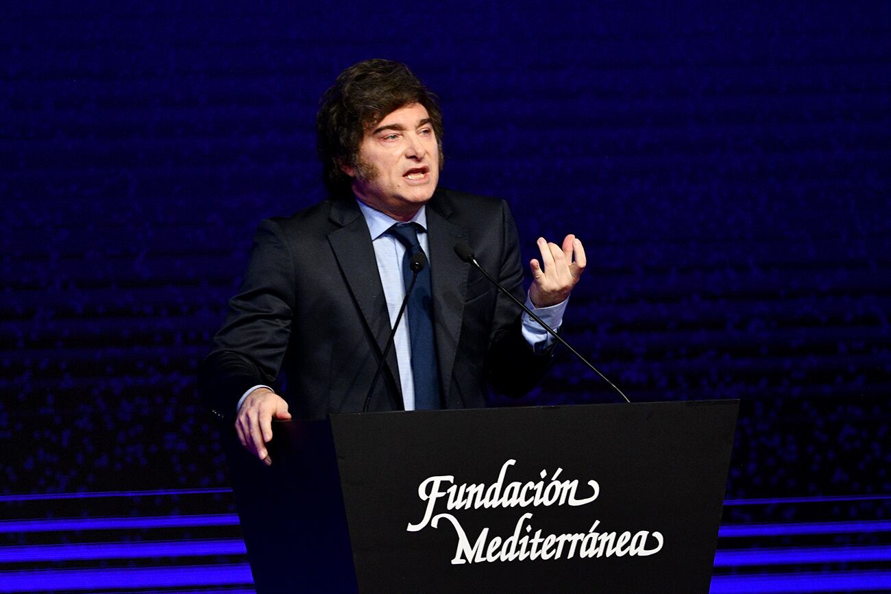 El presidente Javier Milei en el acto de la Fundación Mediterránea. (Pedro Castillo / La Voz)