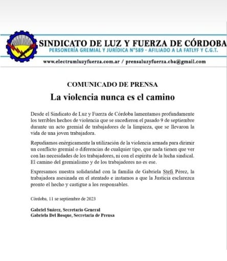 El Sindicato Luz y Fuerza se refirió al asesinato de la joven cordobesa.