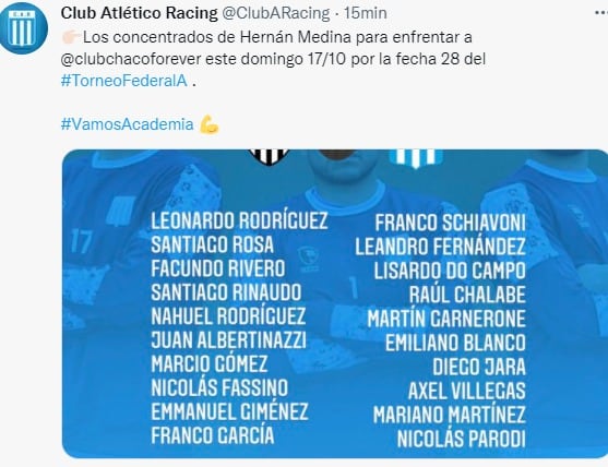 La lista de concentrados de Racing para jugar en Chaco, otra vez con Mariano Martínez.