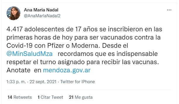 El twitt de la ministra de Salud informando la cantidad de adolescentes inscriptos para vacunarse.