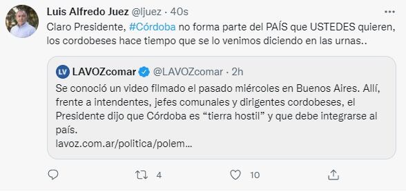 Luis Juez también cargó contra Alberto por sus dichos.