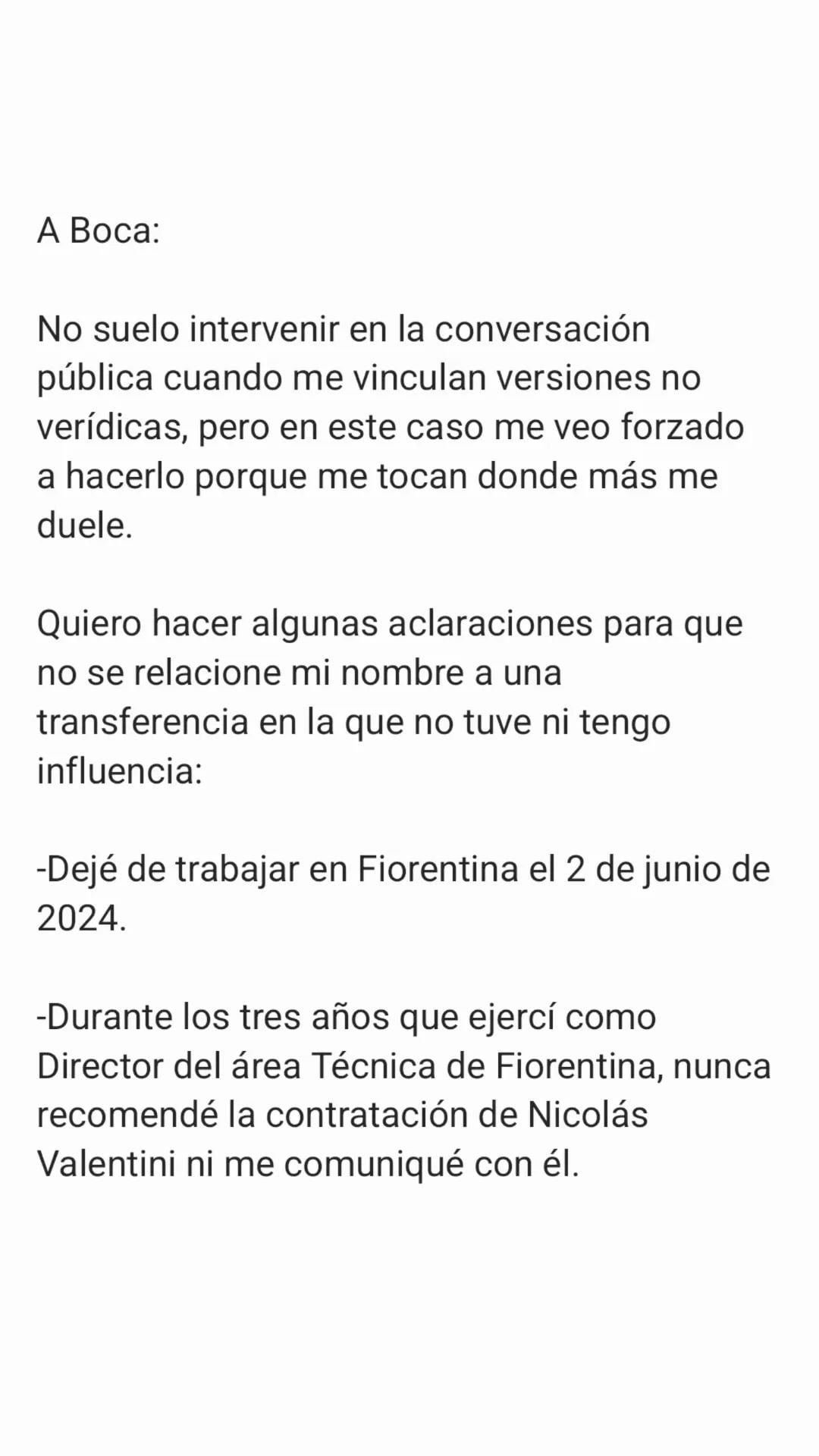 El comunicado de Burdisso en sus redes sociales sobre la situación entre Nicolás Valentini, Boca y Fiorentina.