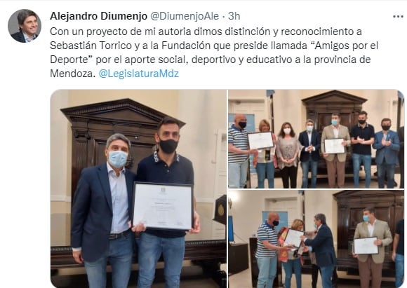 Sebastián Torrico distinguido en la Legislatura de Mendoza.