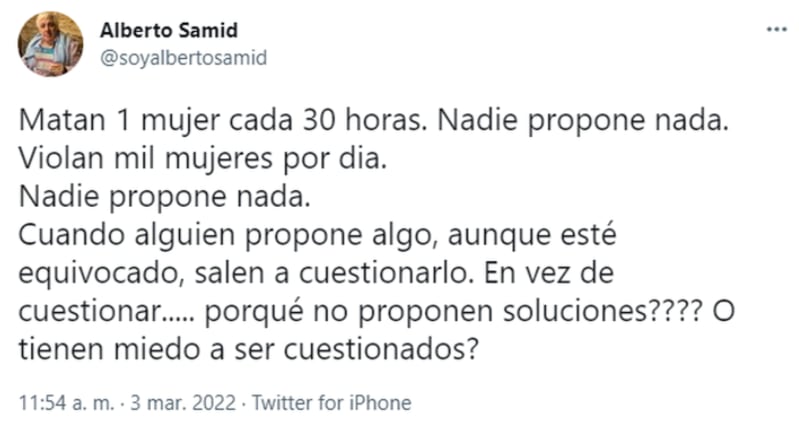 El último tuit de Samid justificando sus dichos.