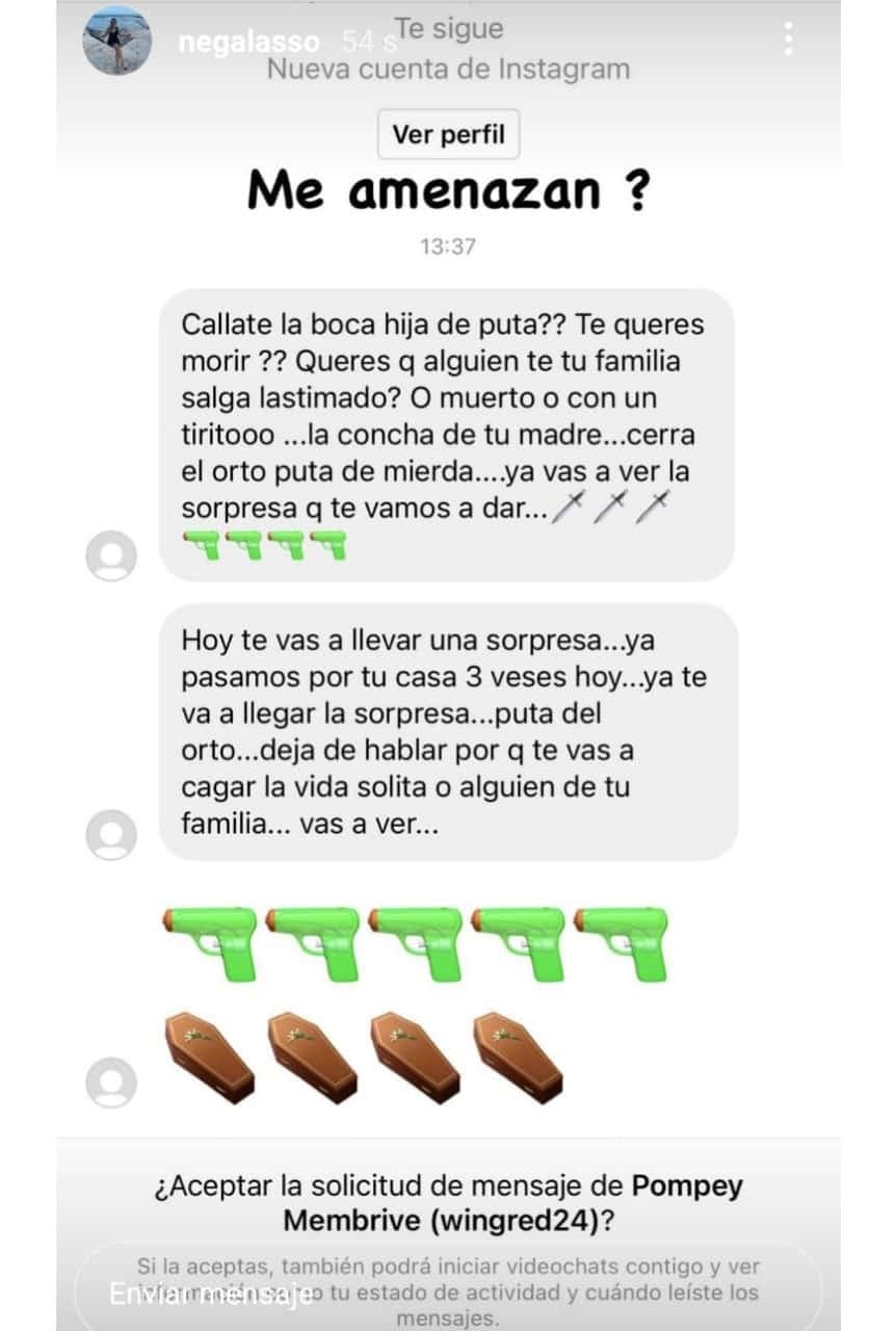 Nerina Galasso recibió mensajes intimidantes en sus redes sociales.