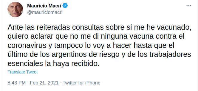 Tuit de Mauricio Macri