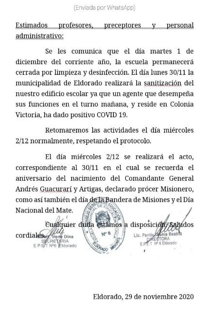 Por caso positivo de Covid-19 mañana permanecerá cerrado el establecimiento de la EPET Nº6 en Eldorado