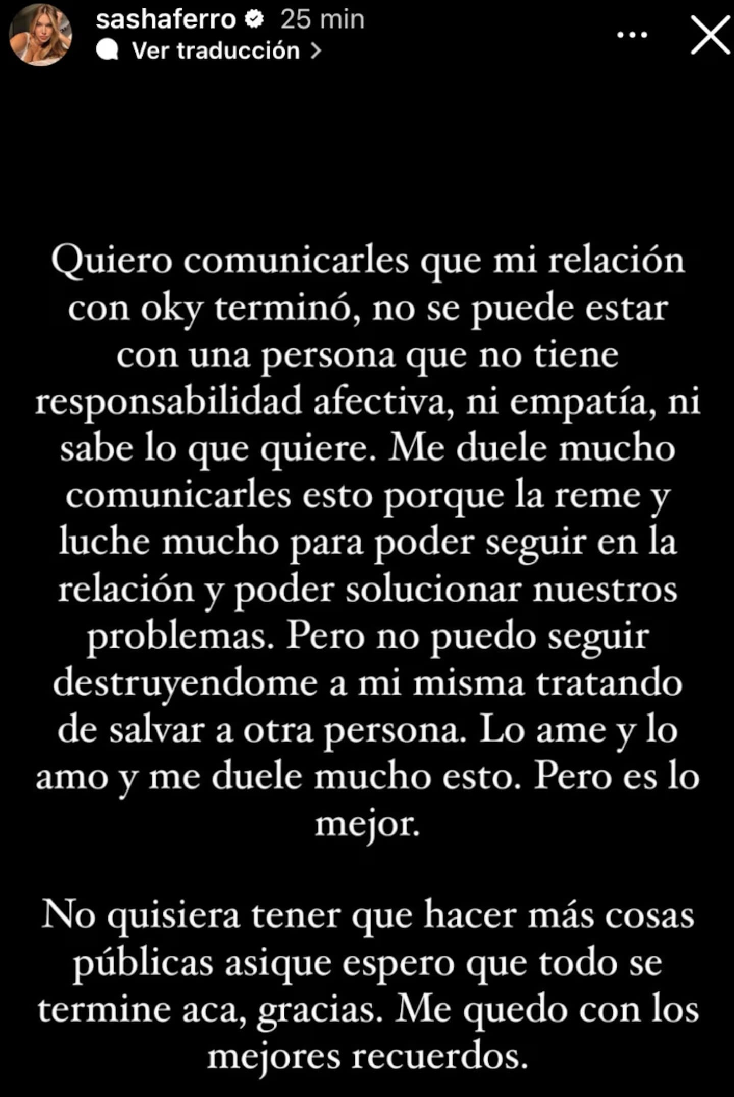 Sasha Ferro terminó su relación con Oky y le dió la razón a Tuli Acosta: “No puedo seguir destruyéndome”