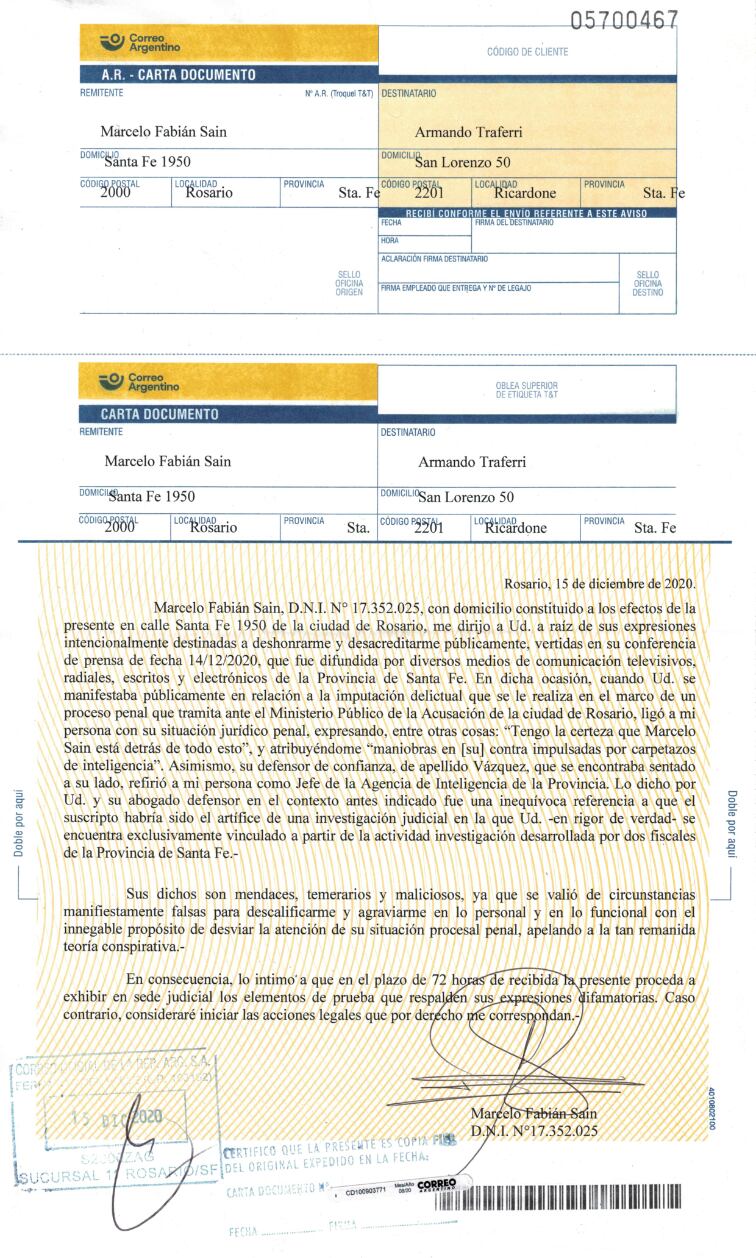 La carta documento trascendió junto con el pedido de desafuero. (Reconquista Hoy)