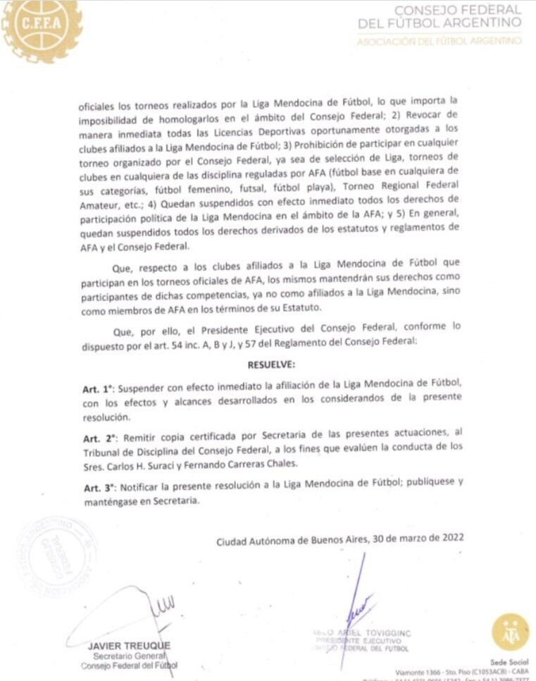 Documento oficial del Consejo Federal de AFA.