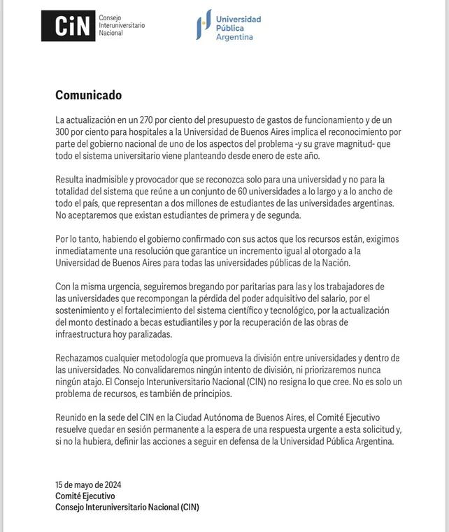 Las universidades nucleadas en el CIN rechazaron la exclusión del aumento presupuestario.