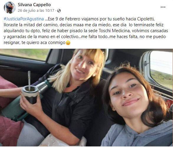 El desgarrador recuerdo que Silvana tuvo de Agustina, su hija asesinada en Cipolletti.