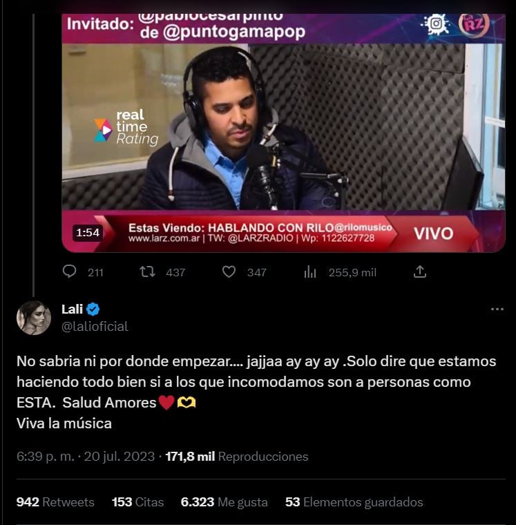 Respuesta de Lali a Rilo