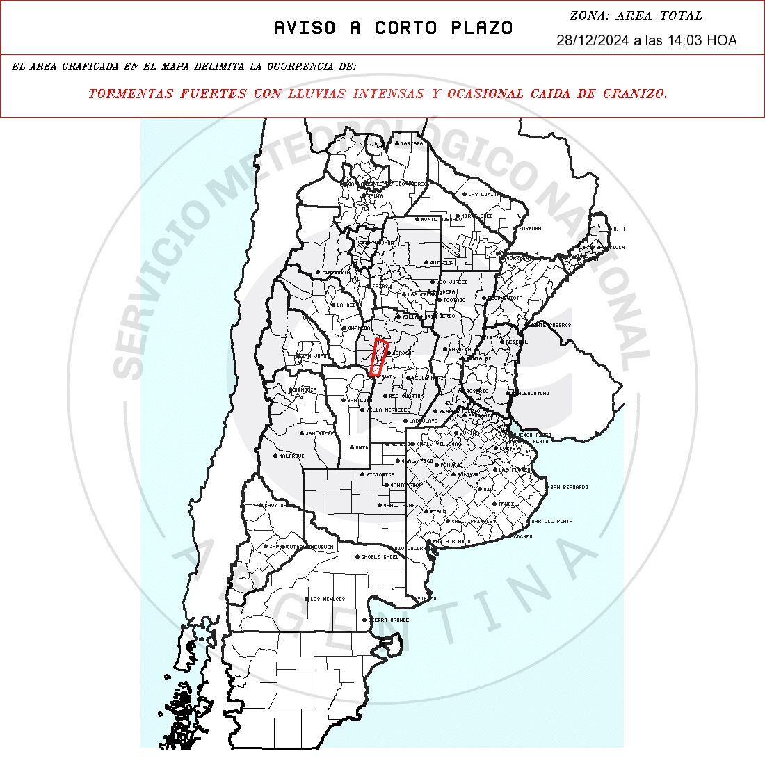 La alerta meteorológica emitida para Córdoba este sábado 28 de diciembre.