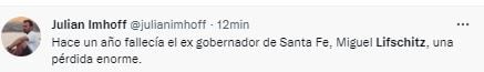 A un año de la muerte de Miguel Lifschitz, lo recuerdan en las redes sociales.