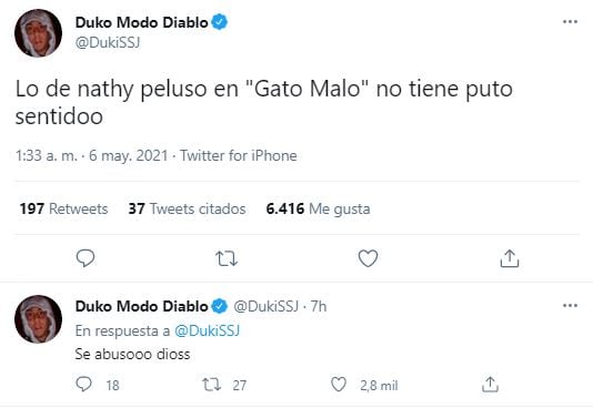 El elogio de Duki a Nathy Peluso en Twitter.