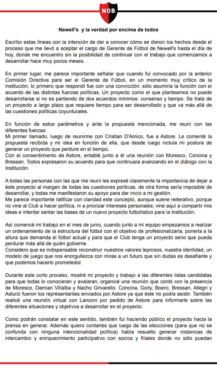 Carta de renuncia de Lucas Bernardi como manager de Newell's