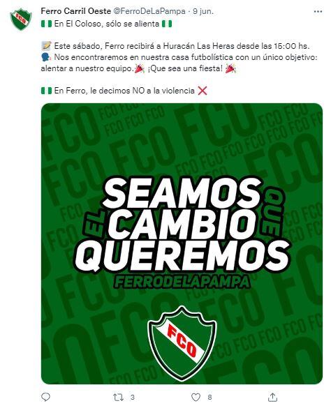 El posteo de Ferro, precio al partido contra Huracán Las Heras, para hacer un pedido especial a sus hinchas.