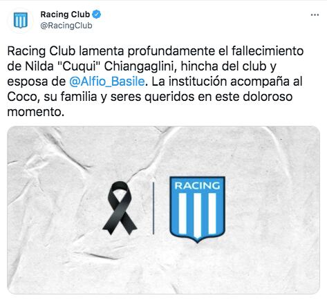 Racing le dedicó un mensaje de apoyo al Coco Basile y a su familia.