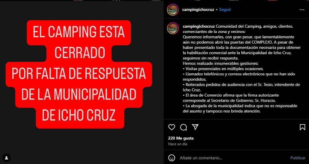 El camping reclama que la Municipalidad aún no le autoriza abrir su complejo.