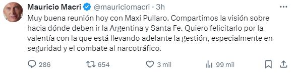 Mauricio Macri elogió a Pullaro y le agradeció por declararlo Huésped de honor.