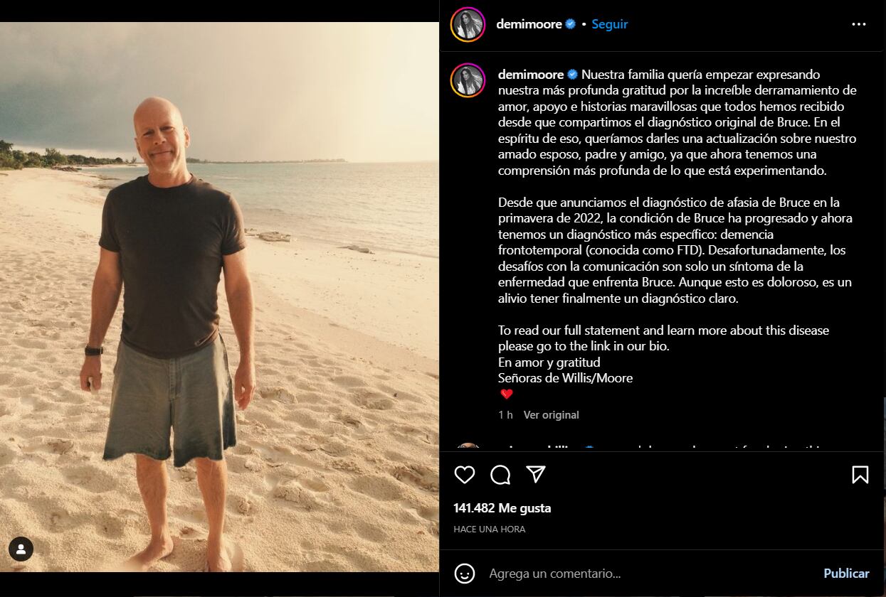 Comunicado de Demi Moore en su Instagram sobre la salud de Bruce Willis.