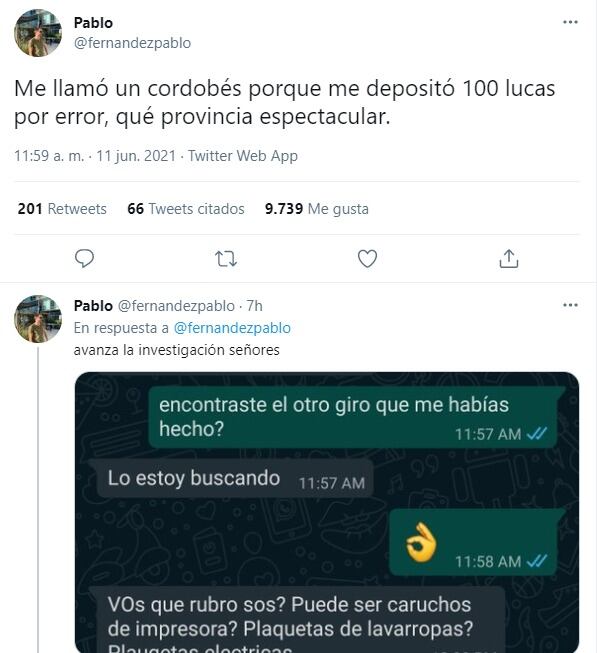 Pablo Fernández se contactó con el cordobés, entendió que era un error, y devolvió los 100 mil pesos.