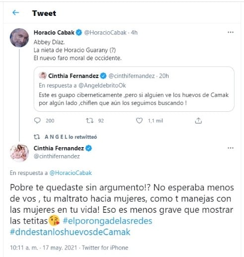 Cinthia Fernández intervino en la conversación entre Horacio Cabak y de Brito. 