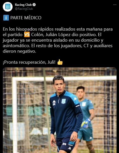 Racing confirmó el positivo de coronavirus de Julián López.