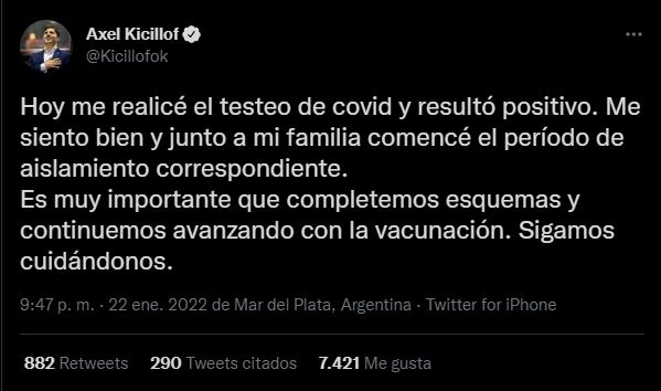 Así informó Axel Kicillof que tiene coronavirus.