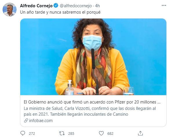 El tuit de Alfredo Cornejo