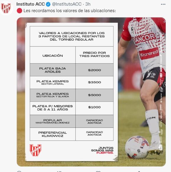 Como en todo el torneo, este sábado sólo podrán ingresar los socios de Instituto con la cuota al día.