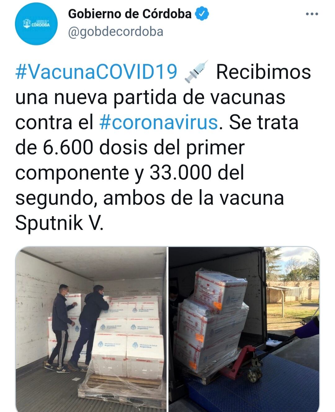 Arribo este jueves de nueva partida de vacunas a Córdoba. 6.600 dosis del primer componente y 33.000 del segundo (Sputnik V).