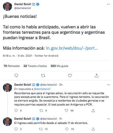 Daniel Scioli confirmó que se abrieron las fronteras terrestres de Brasil para turistas argentinos.