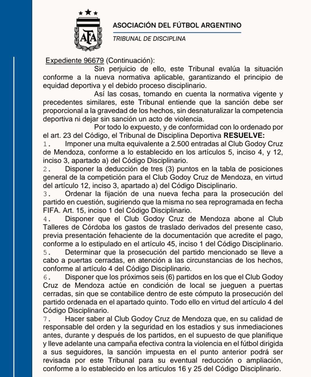 La sanción de Godoy Cruz tras la suspensión del partido ante Talleres. (Prensa AFA)