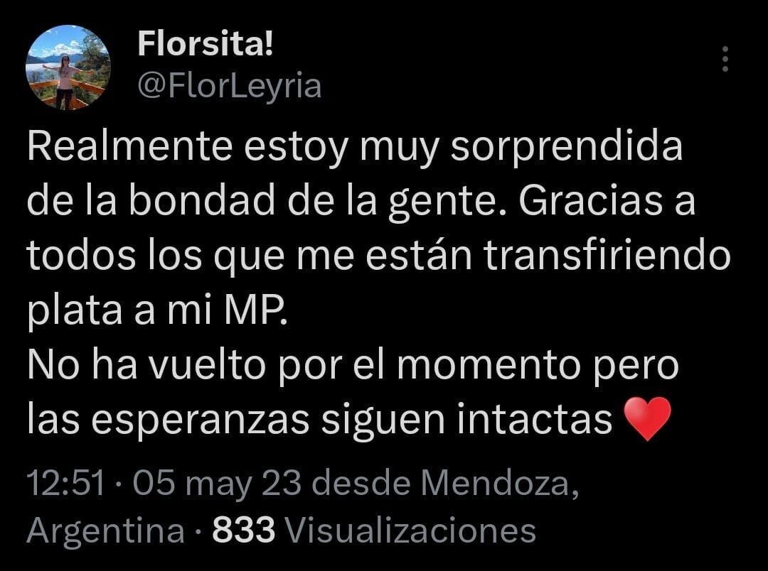 El agradecimiento de la joven con los mendocinos que la ayudaron a recuperar el dinero que depositó por error en su trabajo.