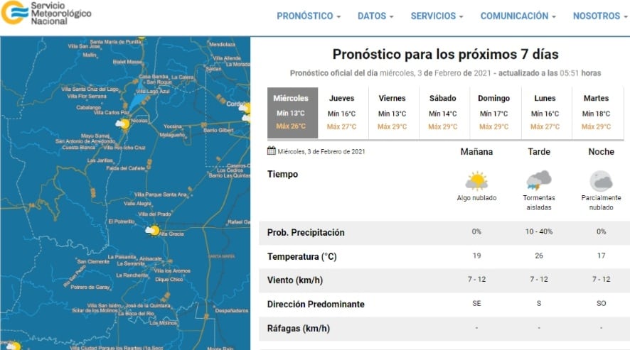 El estado del tiempo para este miércoles 3 de febrero en Villa Carlos Paz.