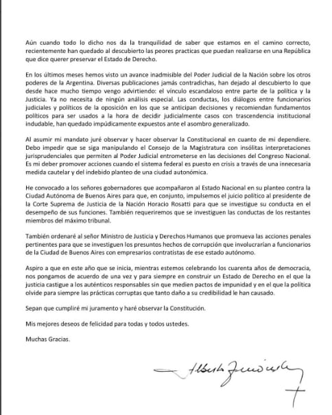 La extensa carta de Alberto Fernández sobre el juicio político contra el presidente de la Corte Suprema, Horacio Rosatti.