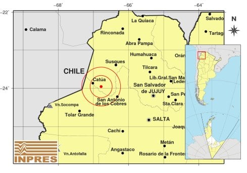 Gráfico publicado por el Inpres que muestra la localización del sismo del domingo pasado, en la región de Catua, en Jujuy.