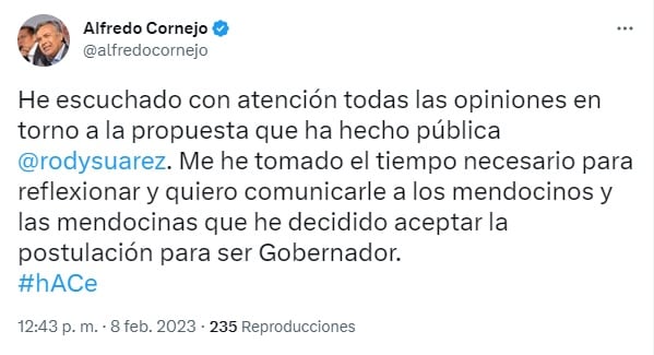 Captura del tuit de Alfredo Cornejo