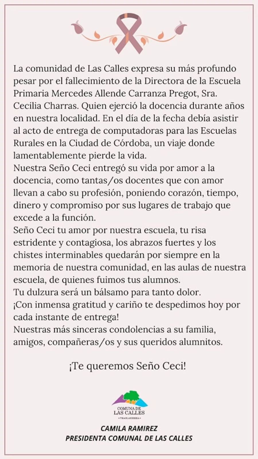 El mensaje de la comunidad de Las Calles para despedir a la directora.