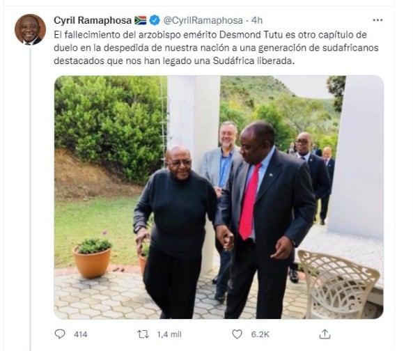 El presidente publicó un mensaje en sus redes sociales sobre el fallecimiento de Desmond Tutu.