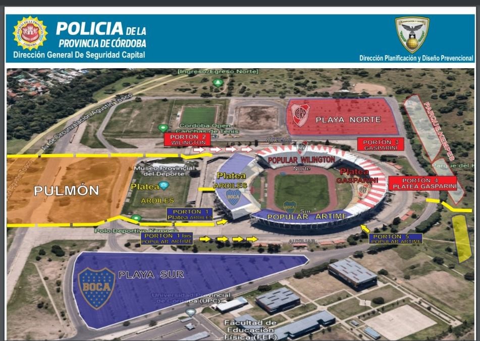 La distribución del estadio Kempes y alrededores para River y Boca,