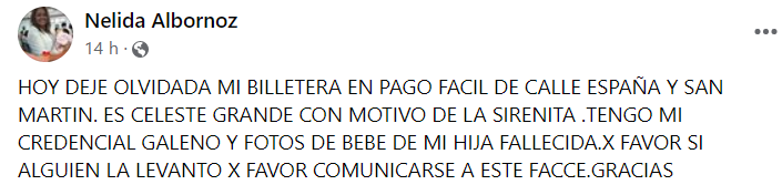 Una mujer de Comodoro Rivadavia pide ayuda para recuperar su billetera con las fotos de su hija fallecida.