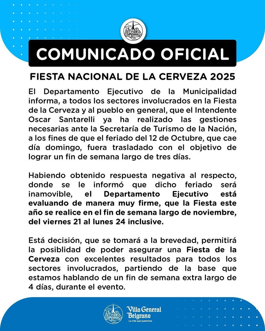 El comunicado oficial de la Municipalidad de Villa General Belgrano.