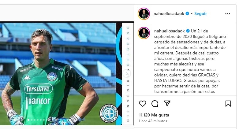 Emoción en el mensaje de despedida de Nahuel Losada de Belgrano.