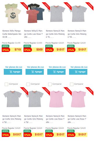 En la página web de Coto hay ofertas desde 40% al 50% en remeras para niños, hombres y mujeres.