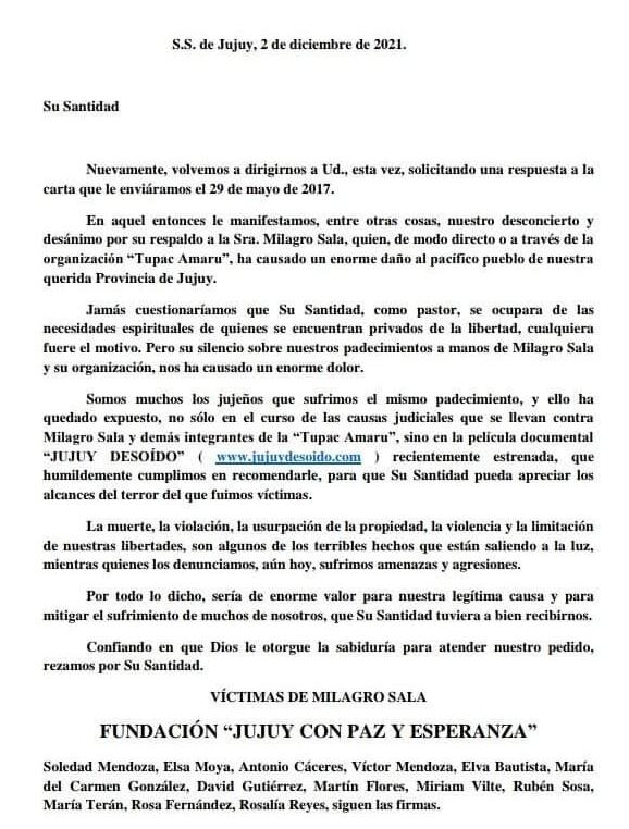 La carta dirigida al papa Francisco, remitida por la fundación "Jujuy con Paz y Esperanza" de las víctimas de Milagro Sala.